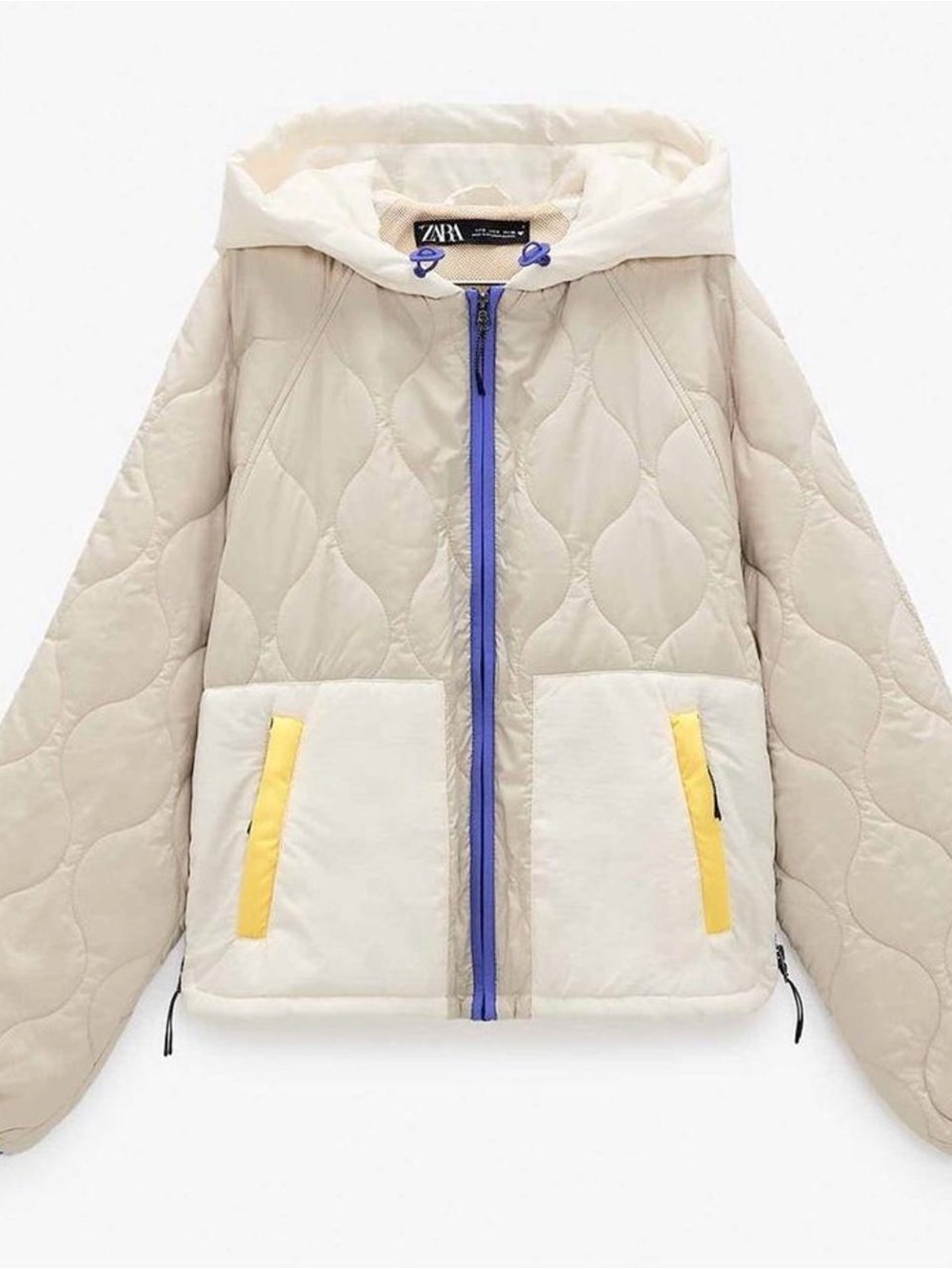 Zara Cream Quilted Hooded Puffer with Blue Zip and Yellow Pocket Trim
